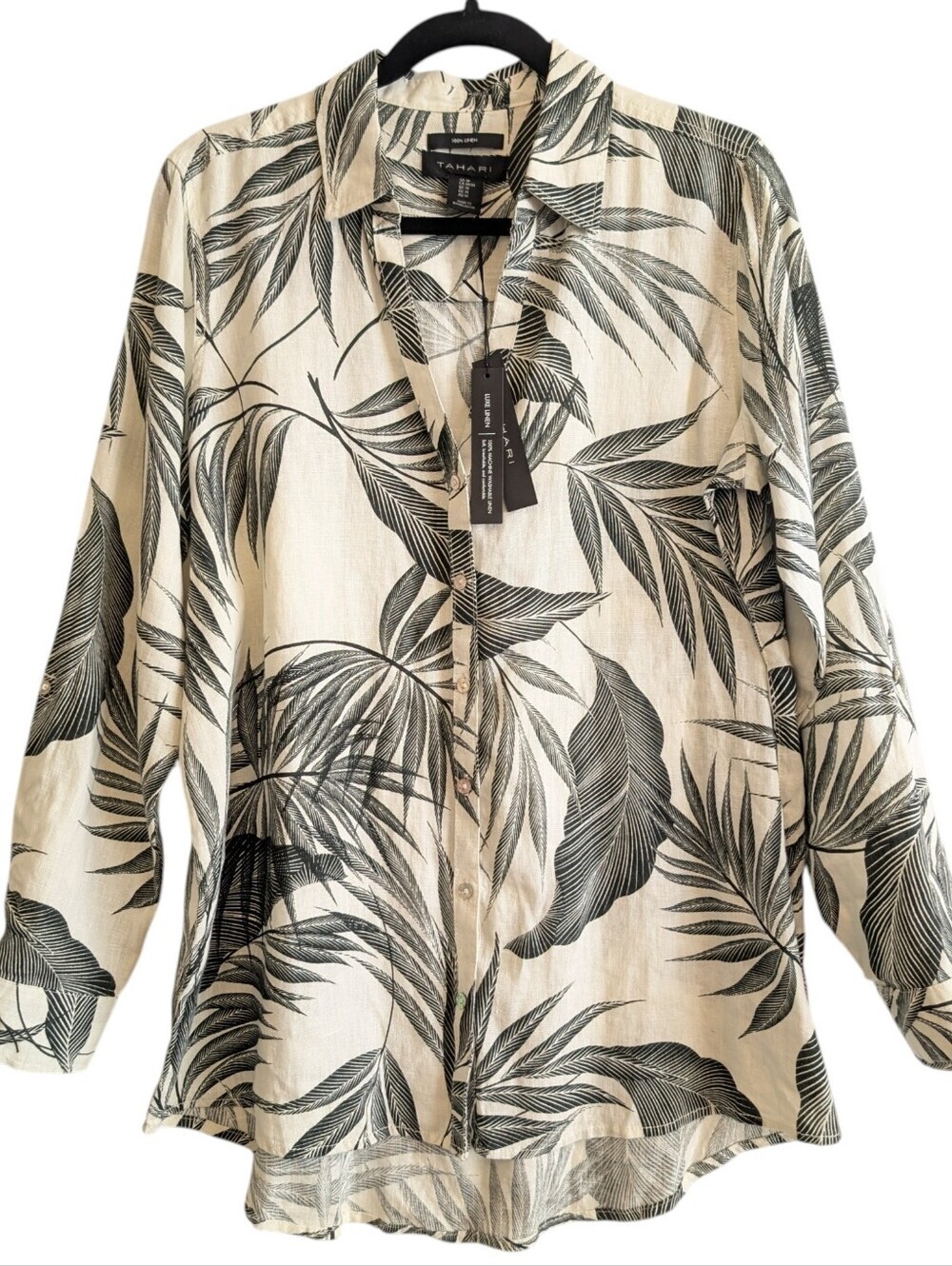 Tahari 100% Linen Tunic Blouse Tropical Palm Button Down Roll Tab Long Sleeve M